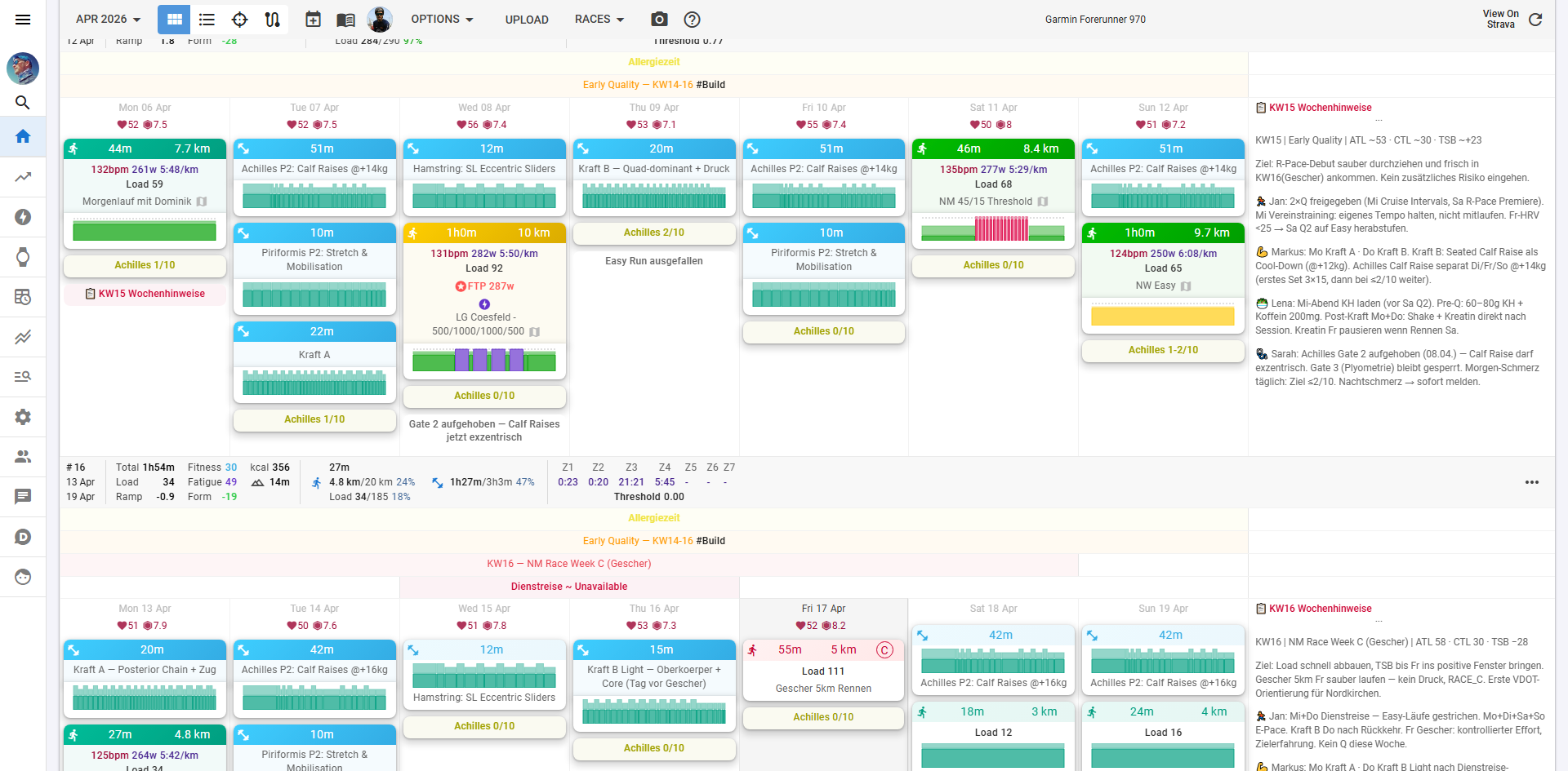 Weekly training calendar with daily cycling workouts and colored blocks showing duration and distance.