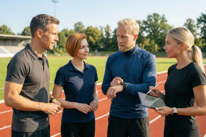 Four adults standing on a running track, discussing training while one person holds a tablet and pens.