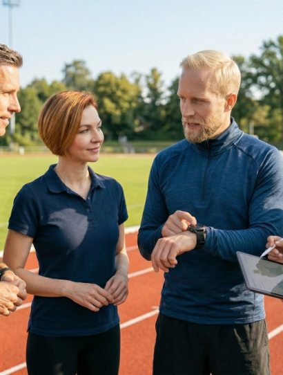 Four adults standing on a running track, discussing training while one person holds a tablet and pens.