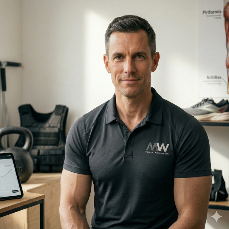Portrait of a man in a dark MW polo posing in a workout space with gym equipment in the background, looking at the camera.