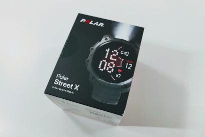 Box for Polar Street X urban sports watch, angled on a white surface with a large watch image on the front.