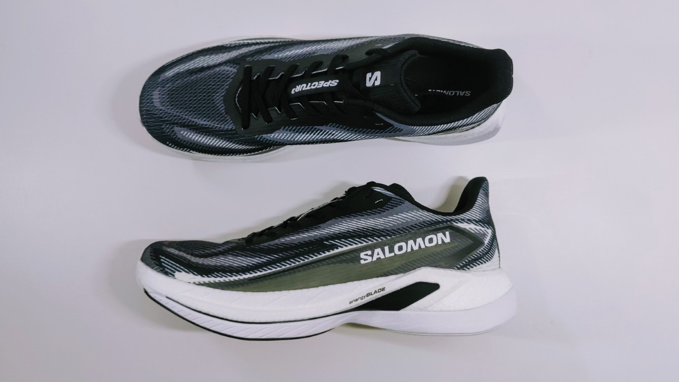 Top view of two Salomon running shoes with a gray-black geometric pattern, laces, and white midsoles visible on a light background?