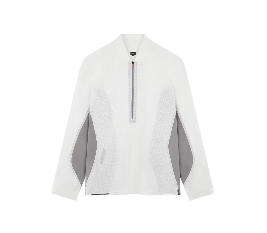White lightweight pullover with a short zip placket and gray side panels on the sides of the torso.