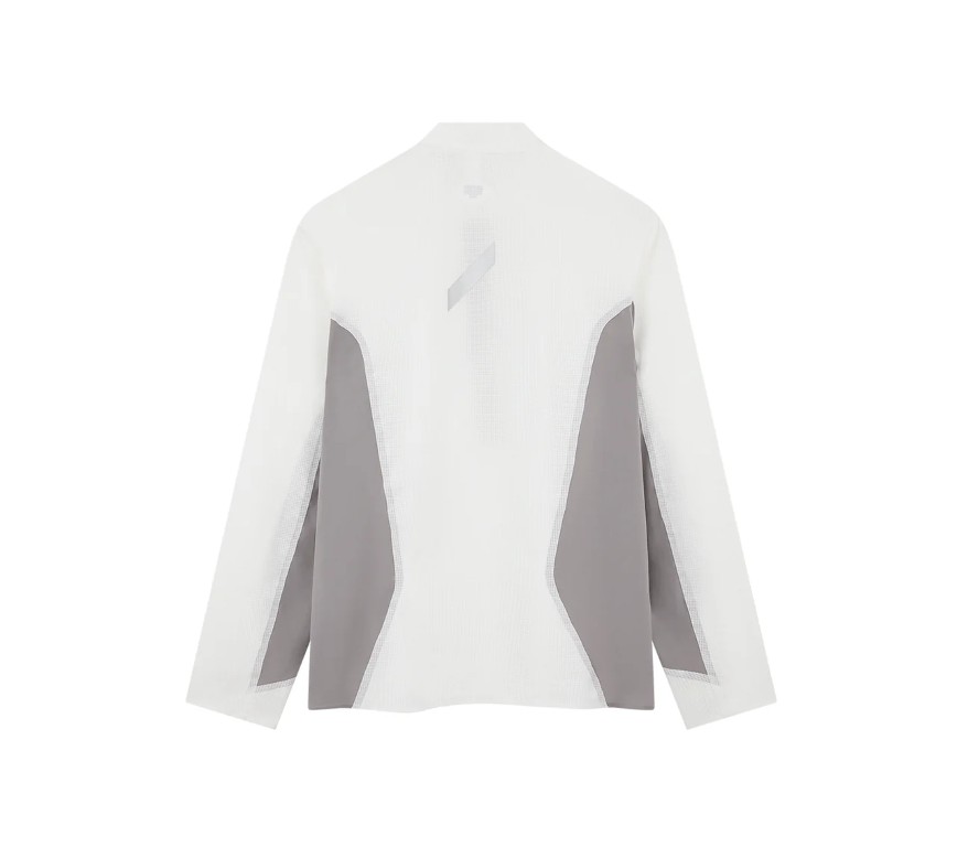 Back view of a white jacket with gray side panels and curved gray inserts along the sides, long sleeves.