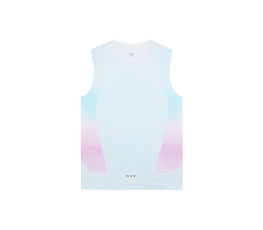 Light blue sleeveless vest with pastel pink and purple gradient sides, front view; brand 'soar' at the bottom.