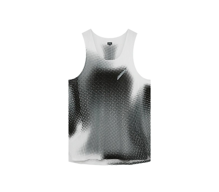 White sleeveless tank top with a black-to-gray halftone dot pattern across the front.