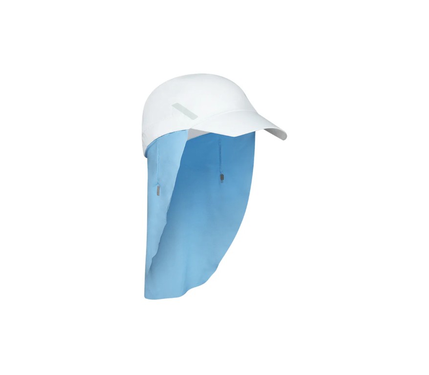 White baseball cap with a long blue neck cover for sun protection.