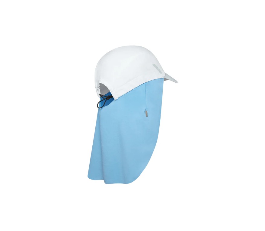 Blue waterproof rain poncho with a white hood, designed to cover the head and torso during rain, with a drawstring toggle on the side.