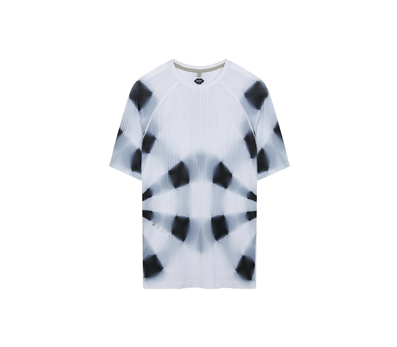 Front view of a white short-sleeve running shirt with a blurred black kaleidoscope pattern, on a white background.