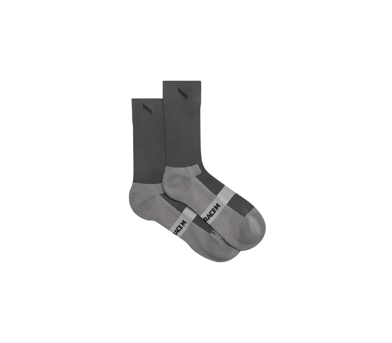 Pair of dark grey mid-calf running socks with lighter grey heel and foot sections, on a white background.