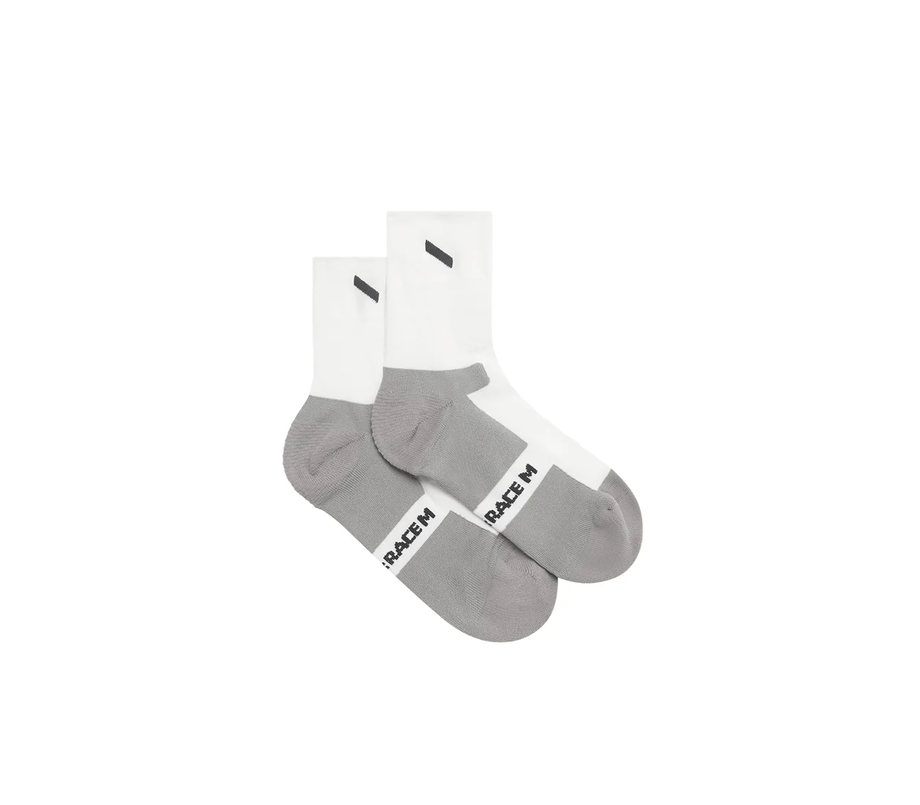 Pair of white ankle running socks with grey heel and foot sections, on a white background.