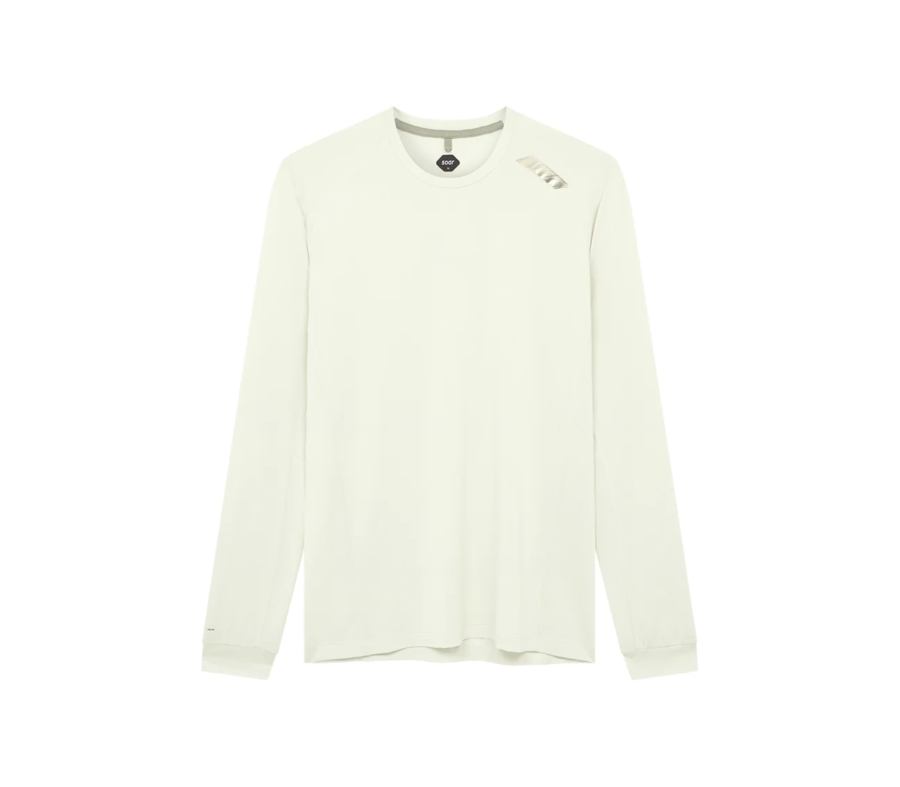 Front view of a cream long-sleeve running shirt with a small logo on the chest, on a white background.