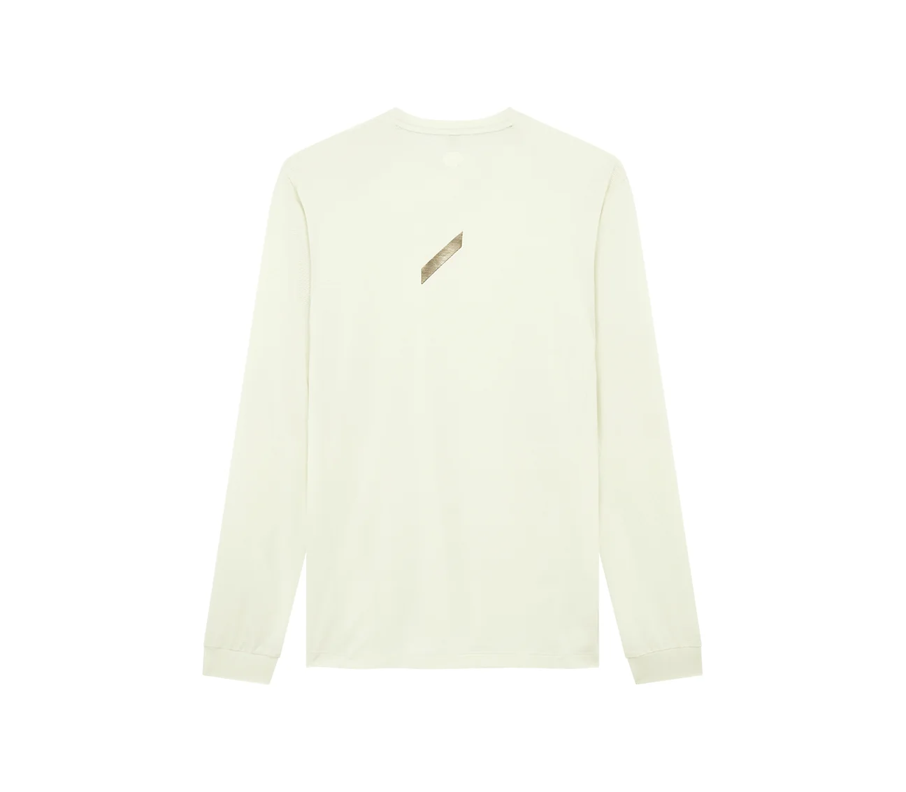 Back view of a cream long-sleeve running shirt with a reflective diagonal logo between the shoulders.