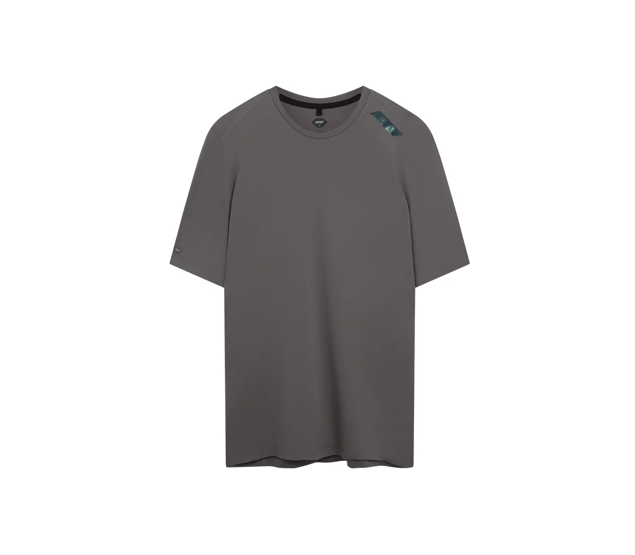 Front view of a grey short-sleeve running T-shirt with a small reflective logo on the chest, on a white background.