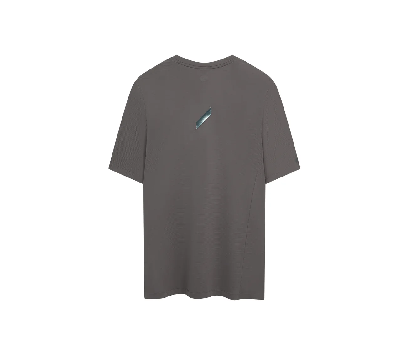 Back view of a grey short-sleeve running T-shirt with a small teal reflective logo between the shoulders.
