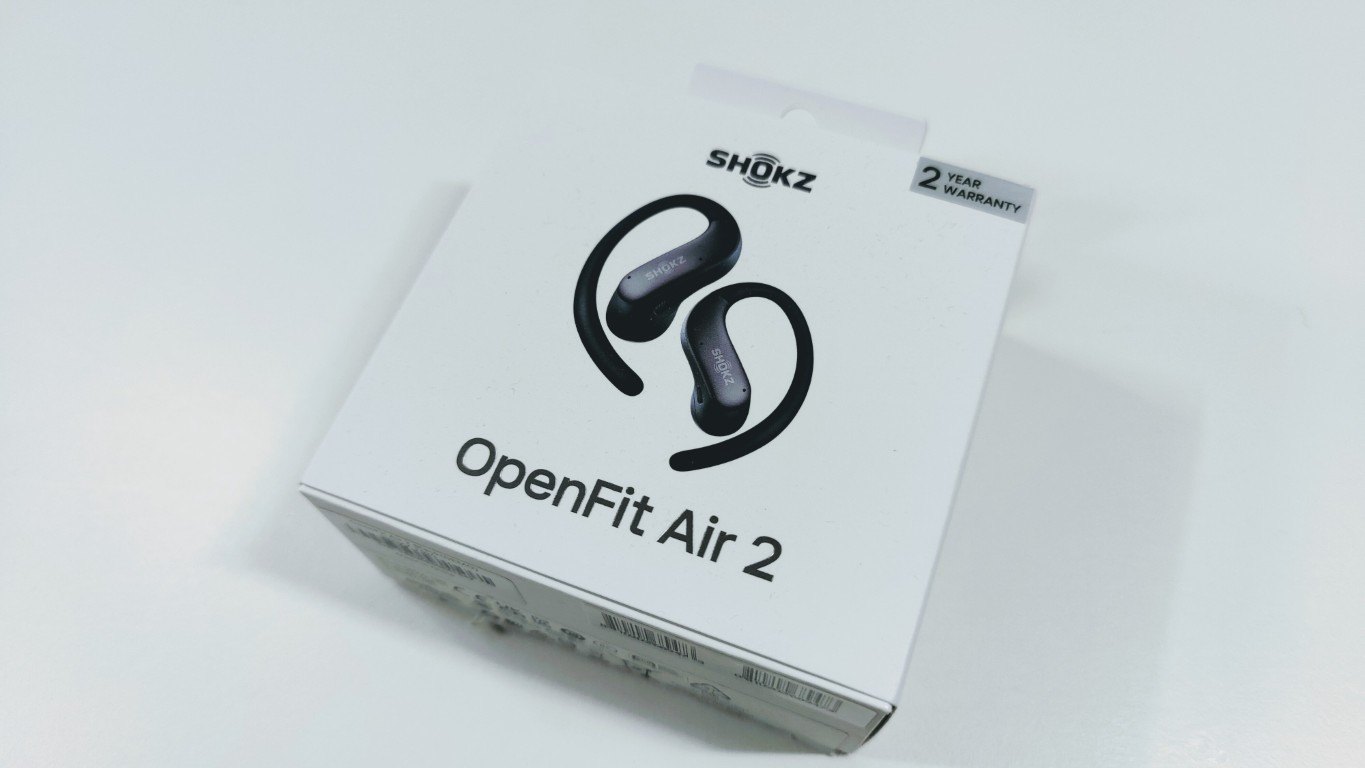 White retail box of the Shokz OpenFit Air 2 open-ear headphones on a white surface